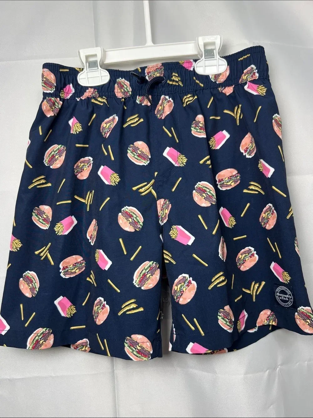Abercrombie Kids Navy Blue Burger and Fries print swim performance casual shorts
